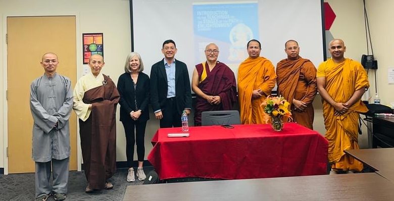 Christine Blice-Baum, third from the left, stands with Tibetan Buddhists from a lecture at the University of the West. Photo courtesy of Christine Blice-Baum